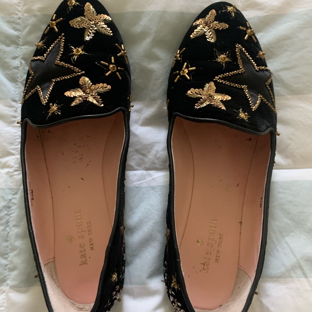 Kate spade black gold embroidered flat shoes